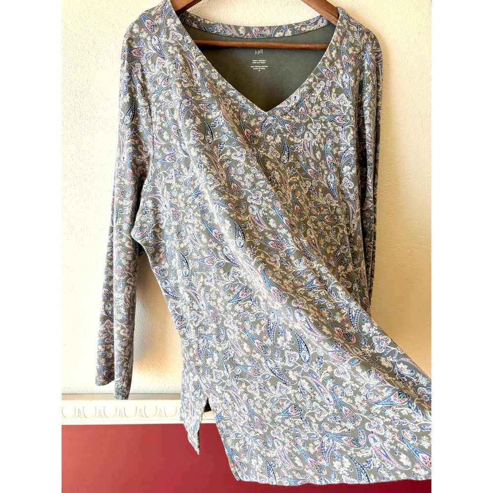 J. Jill Simply Supima Side-Split Tunic 2X Sage Green Paisley V-Neck Cotton Top - Picture 8 of 11